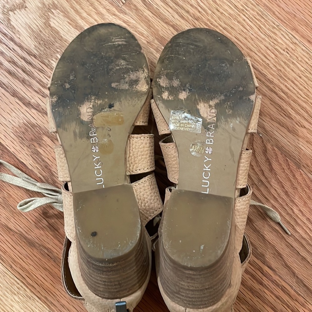 Lucky Brand Suede Open Toe Block Stacked Heel Brown Front Lace  Zip Back Shoe 6 - Picture 9 of 10
